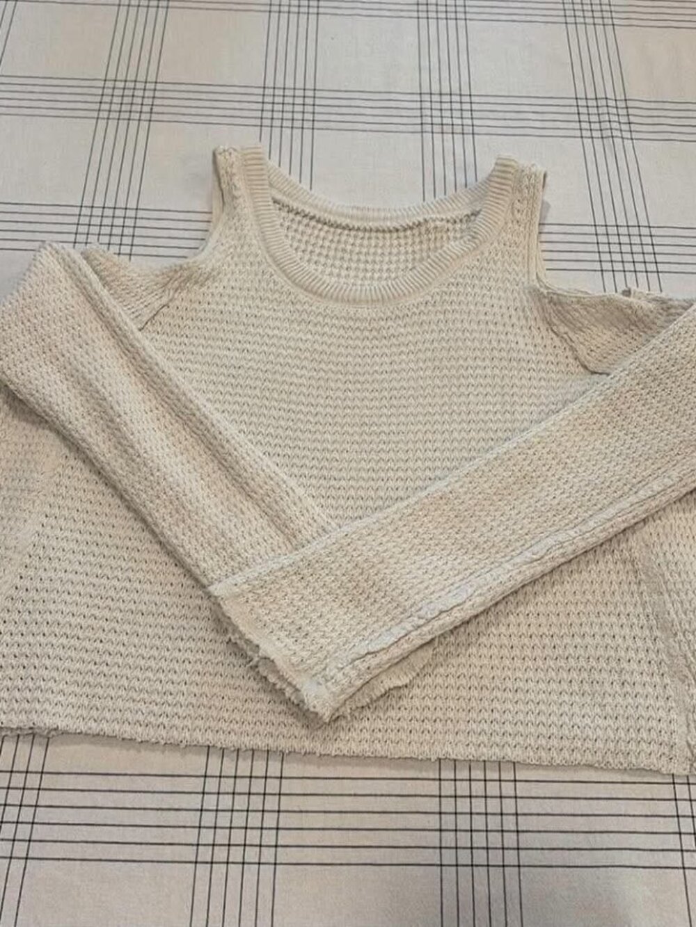 Free People Cream Cold Shoulder Waffle Knit Sweater Top - No Size Tag (Fits M)
